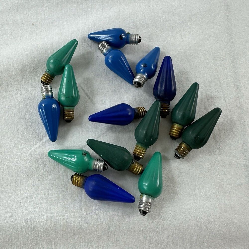 Vintage‎ Lot Of 15 Christmas Light Bulbs GE Mazda Blues & Greens Untested Kitsch